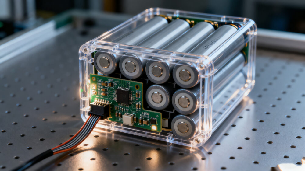 lithium battery packs show 18650 cells and BMS system