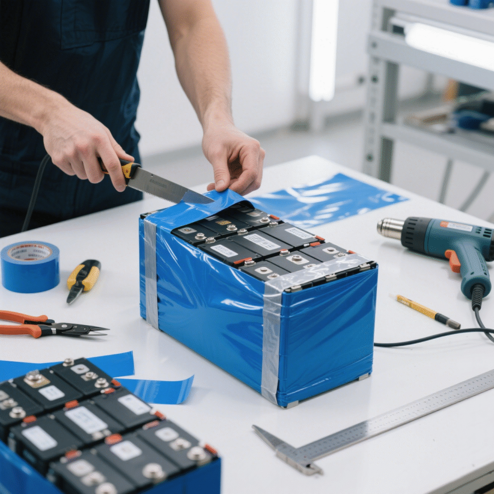Blue PVC film packaging for batteries