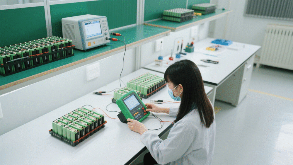 Apsenx quality inspectors rigorously test the 3S4P 18650 battery packs.