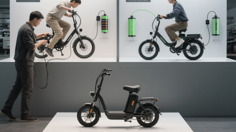 Visual comparison showing 18650 cells, lithium-ion battery packs, and traditional lead-acid batteries used in e-bikes