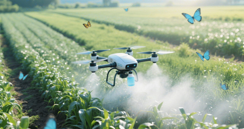 An agricultural drone performs crop protection operations over farmland, highlighting its reliance on extended battery life.