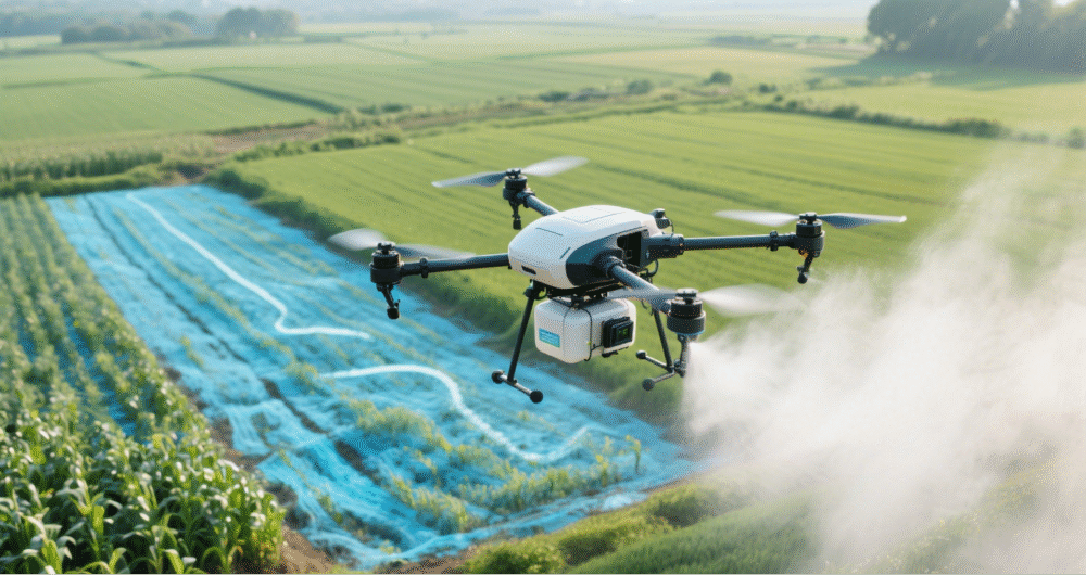 Agricultural drone with a high-capacity battery continuously sprays pesticides, minimizing interruptions.