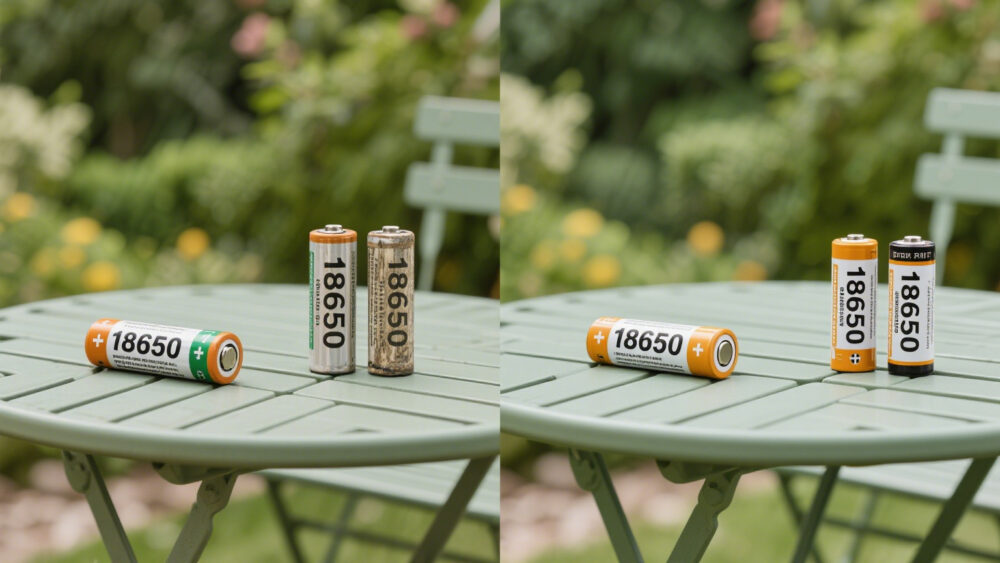 Comparison of ICR, INR, and LiFePO4 18650 batteries, showing size, capacity, and brand differences on a garden table