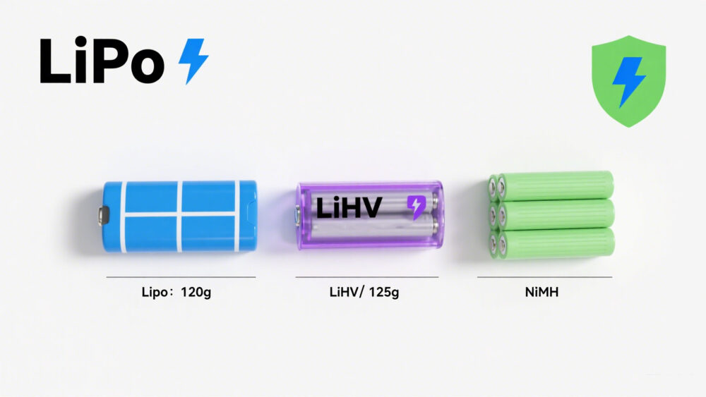 Common RC batteries side by side (LiPo, LiHV, NiMH)