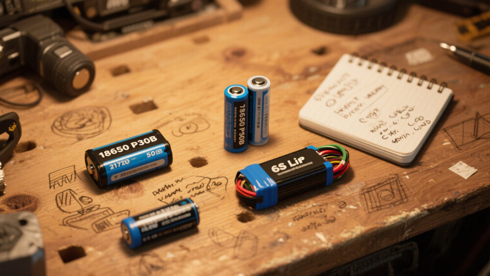 Comparison of 18650, 21700, and LiPo drone batteries with handwritten notes on specs