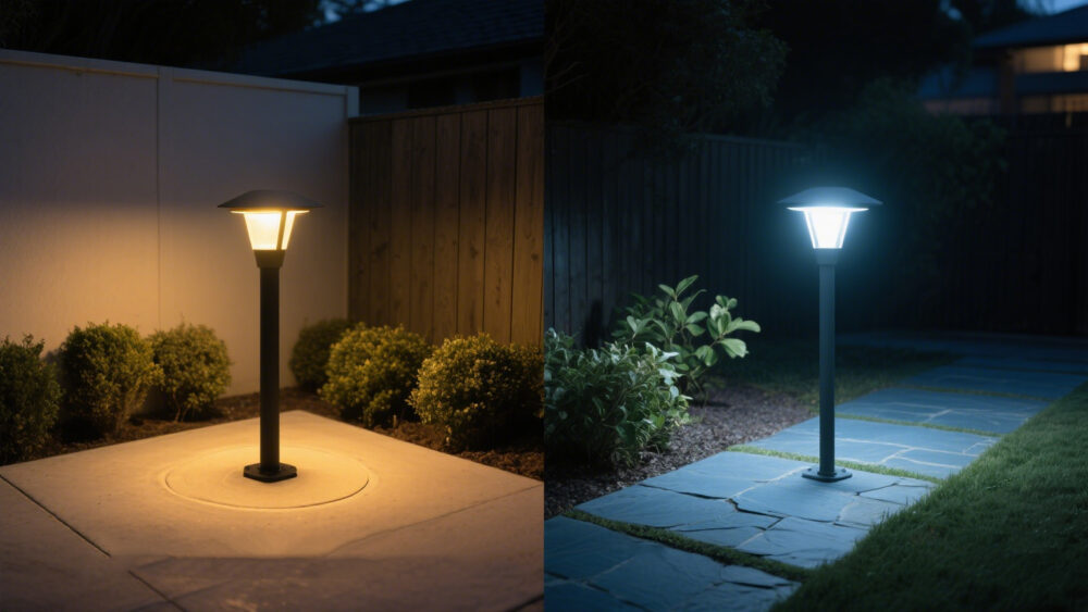 Night scene of solar garden light before and after replacing 18650 battery, showing noticeable brightness increase