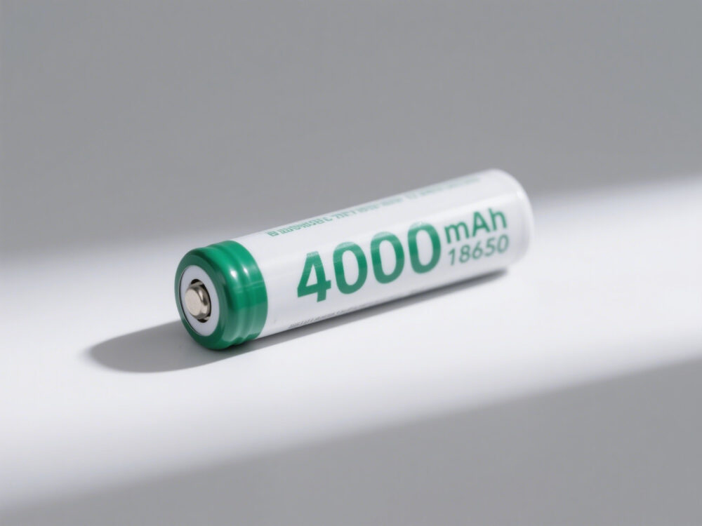 Detailed close-up of a 4000mAh 18650 lithium-ion battery, showing cylindrical design, capacity label, and realistic texture for product reference and comparison.