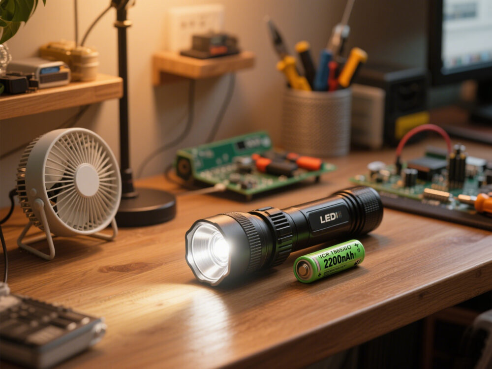 LED flashlight powered by an ICR 18650 2200mAh battery