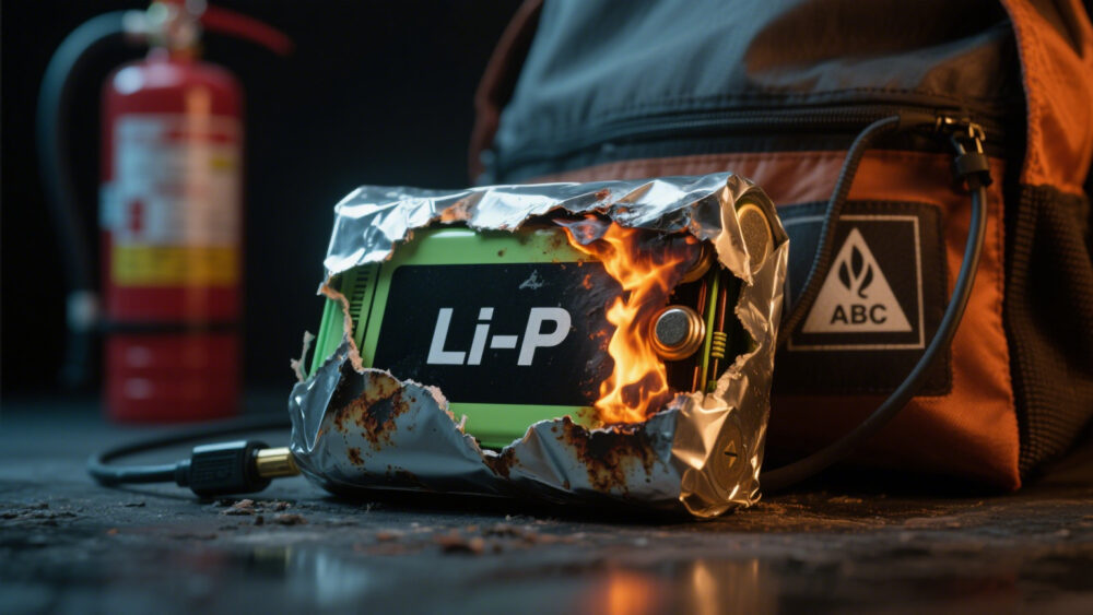 Swollen LiPo battery with burn marks next to fireproof charging bag and fire extinguisher
