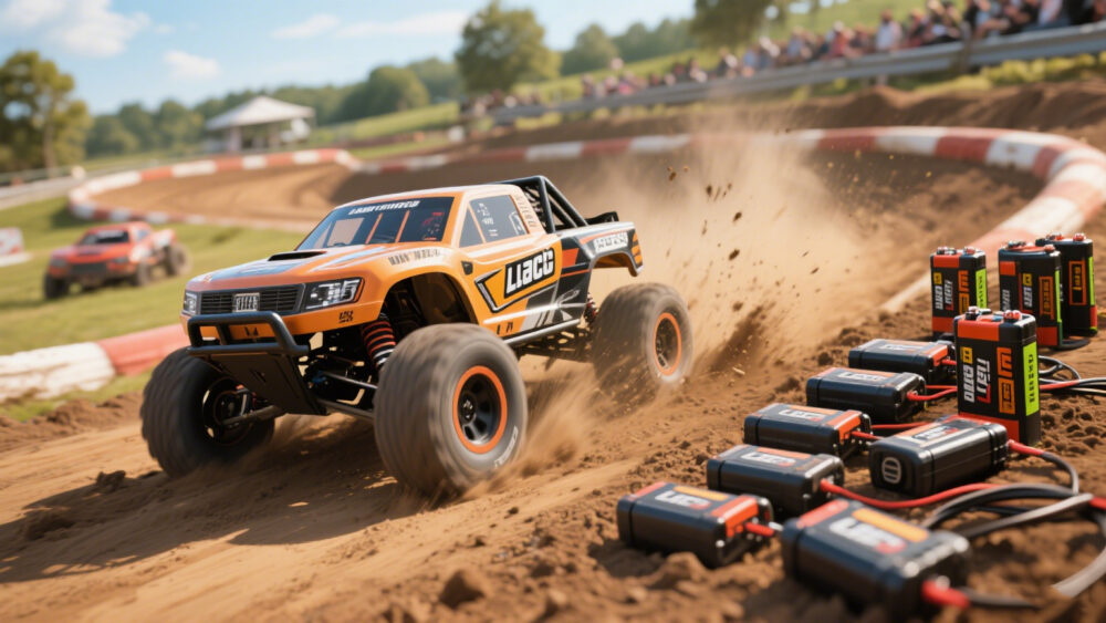  RC truck racing on outdoor dirt track with spare LiPo batteries beside