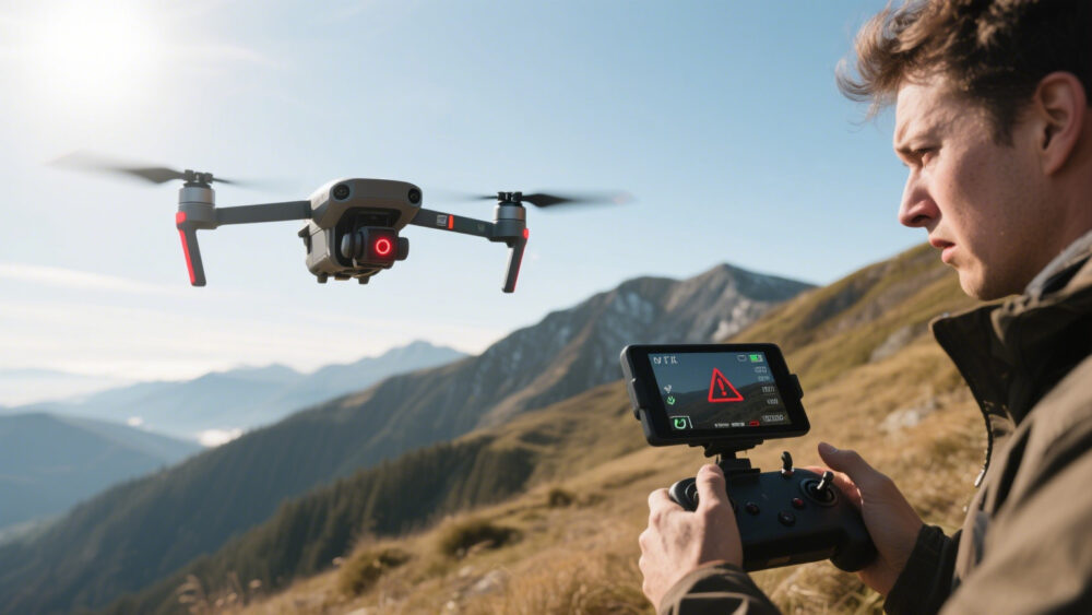 Long-range FPV drone flying over mountain ridge with low battery voltage warning on OSD