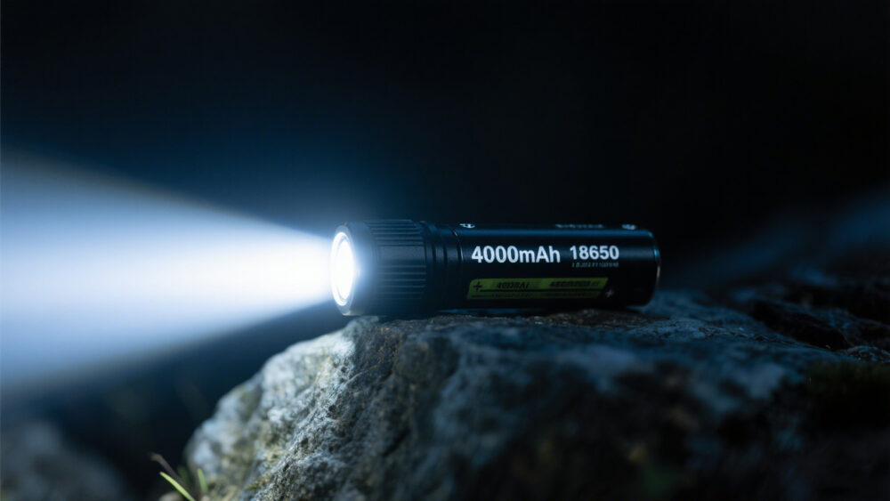 4000mAh 18650 lithium-ion battery powering a high-lumen flashlight outdoors at night, demonstrating real-world performance, long runtime, and reliability for electronic devices.