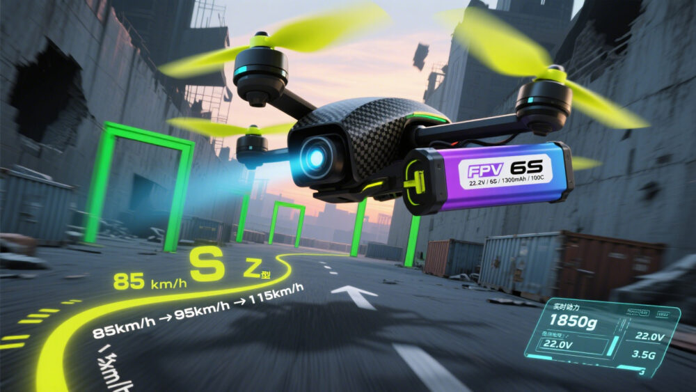 high-speed FPV racing drone equipped with a 6S battery in action