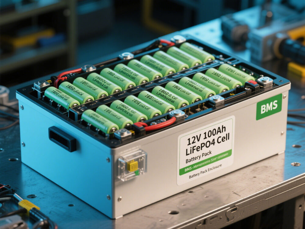 18650 12V 100Ah battery pack exterior, showing cell arrangement and BMS interface