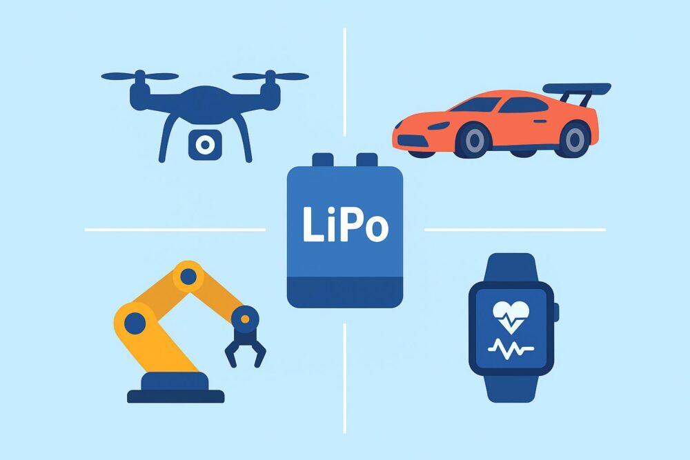 LiPo batteries power drones, RC models, industrial robots, and wearables—covering needs from fun to heavy-duty industries.