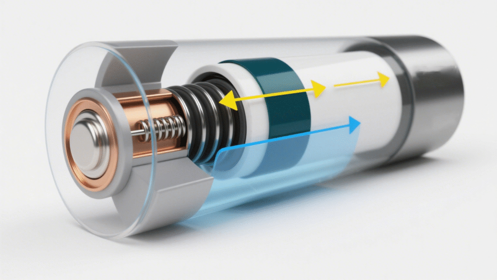 Diagram showing the internal structure and current path of a high discharge 18650 battery