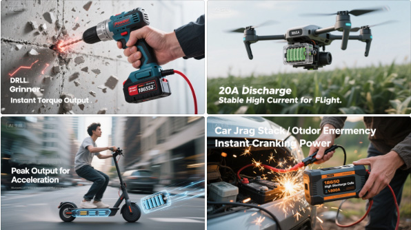 Different devices using high rate discharge 18650 batteries