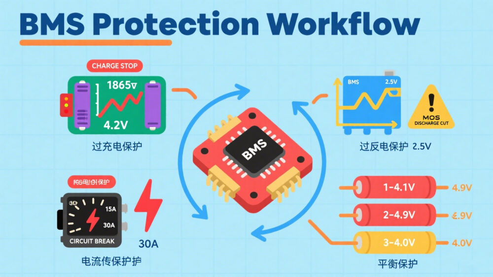 Diagram showing the working mechanism of a battery protection board