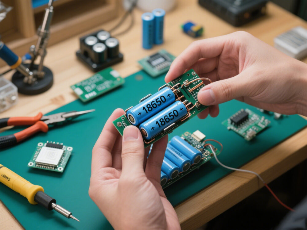 Hand soldering 18650 lithium-ion battery cells with a battery management system (BMS) module