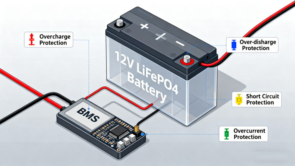 12 volt LiFePO₄ battery with BMS protecting against overcharge, over-discharge, and short circuit