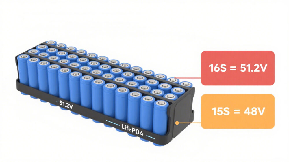 48V LiFePO4 battery pack structure, comparing 15S 48V and 16S 51.2V cell arrangements