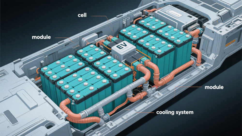 EV lithium ion battery pack with cells, modules, and cooling system
