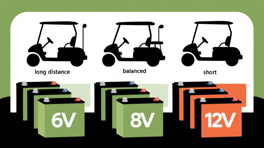 Comparison of 6V, 8V, and 12V golf cart batteries with range differences