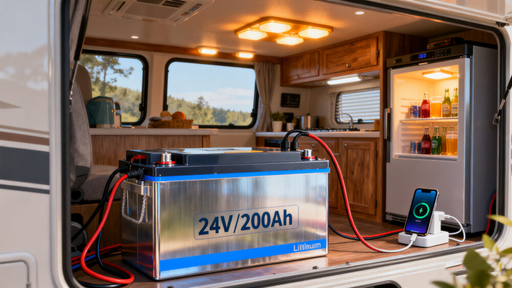 24V 200Ah lithium battery powering RV appliances, lights, and charging phones