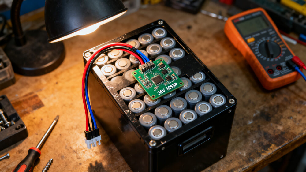 36V 18650 battery pack with BMS connected