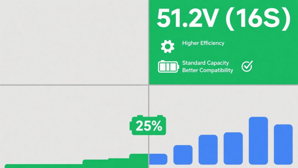Comparison of 48V vs 51.2V LiFePO4 batteries, showing differences in performance, compatibility, and cost