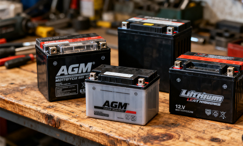 Close-up of different 12v motorcycle batteries 