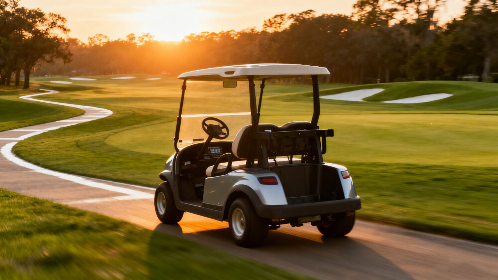 Golf cart driving on a course at sunset