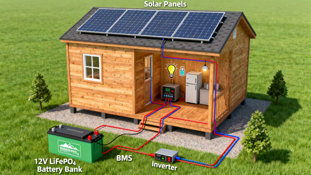 Off-grid cabin powered by a 12 volt LiFePO₄ battery and solar panels
