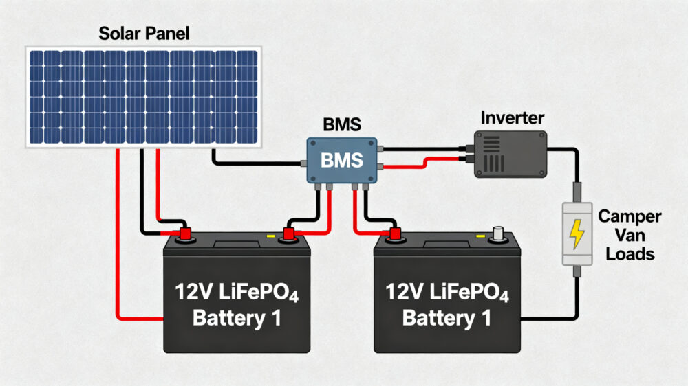 Two 12 volt LiFePO₄ batteries connected in parallel to power a camper van solar system