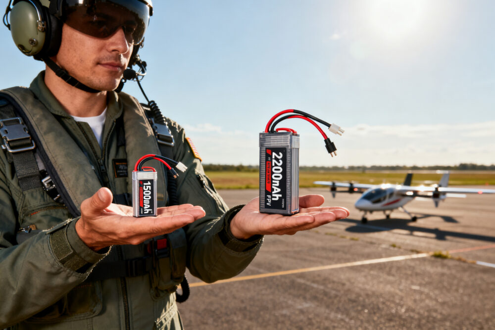 Pilot holding FPV drone batteries of different capacities.