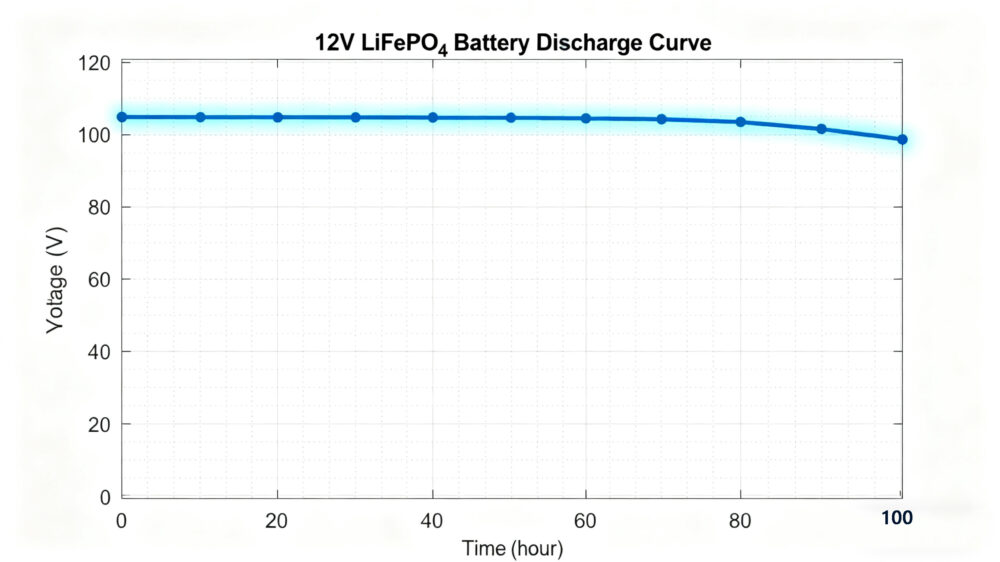 Voltage curve of 12 volt LiFePO₄ battery showing stable output