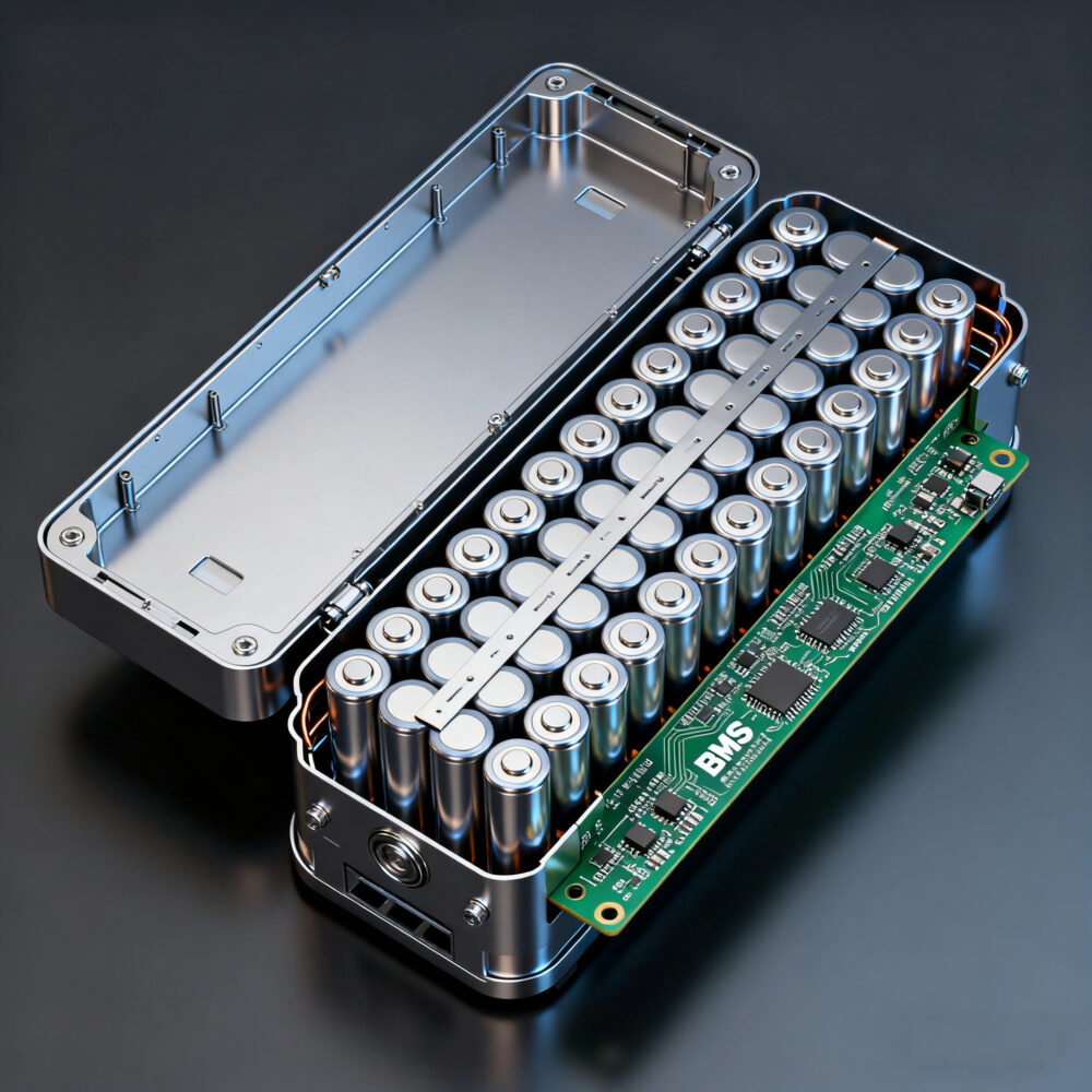 Internal view of a custom ebike battery showing cells, nickel strips, and BMS