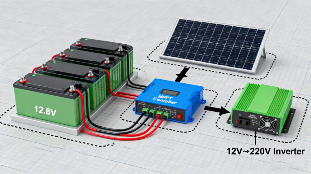 12.8V off-grid system (4-cell pack + controller + inverter)