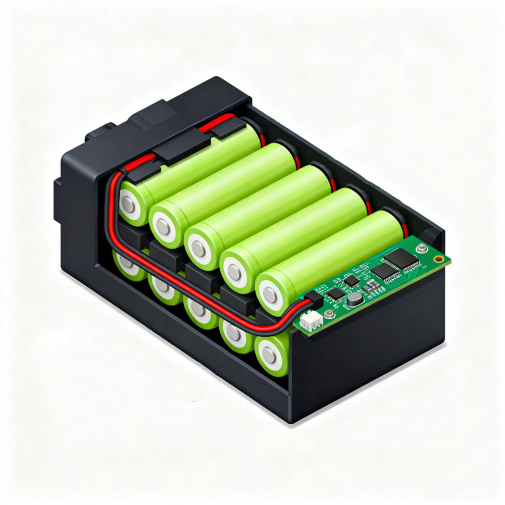 12V 18650 battery pack showing 3S4P cell configuration and BMS board