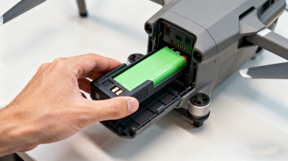 Hand sliding new battery into drone