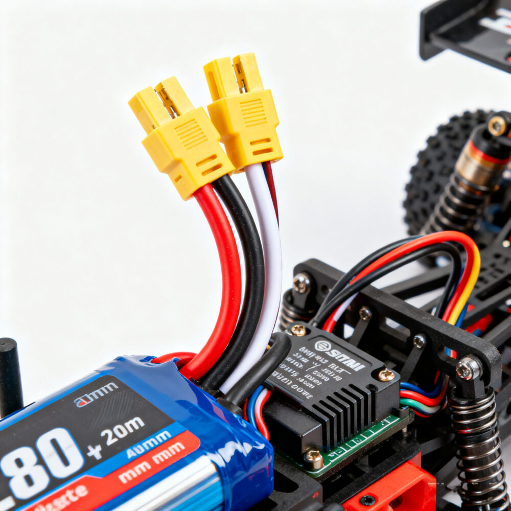 RC battery with 4mm bullet connectors plugged into a speed controller