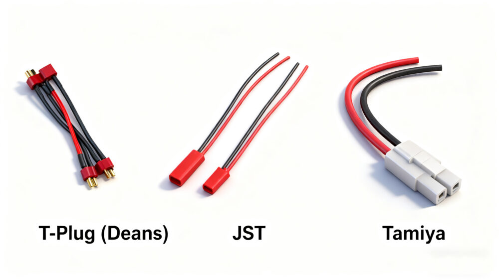 comparison of T-Plug (Deans), JST, and Tamiya RC battery connectors