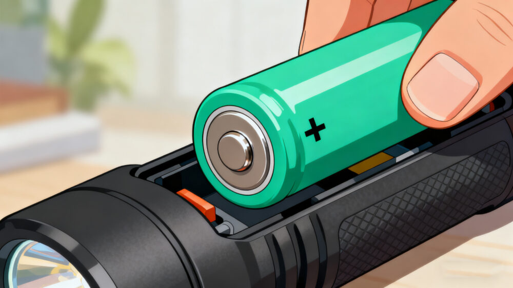 flashlight battery compartment being loaded with a button top 18650 battery