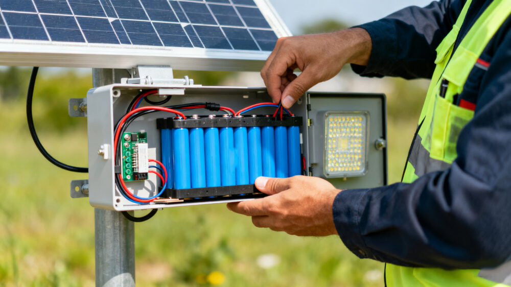 installing 12V 18650 battery pack into solar lighting system outdoors