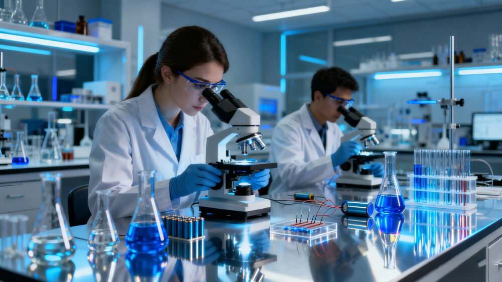 modern research lab with scientists testing lithium battery materials