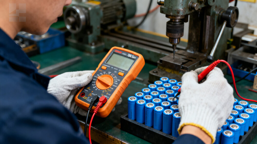 technician assembling or testing 18650 rechargeable batteries