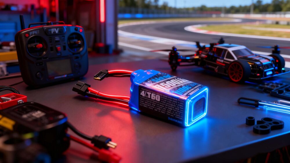 FPV drone, RC plane, and racing RC car powered by a 4S 1500mAh 100C LiPo battery with XT60 connector