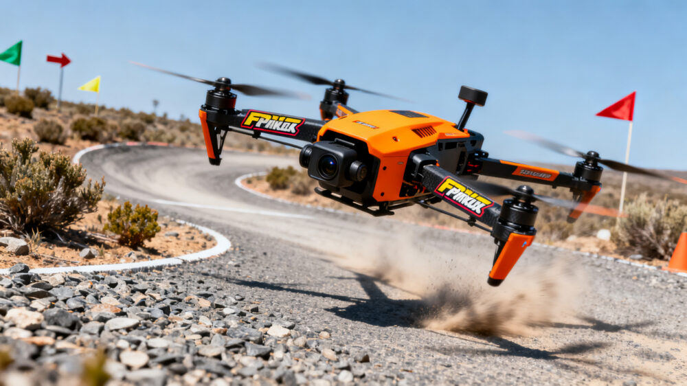 FPV racing drone performing quick turn powered by LiPo battery