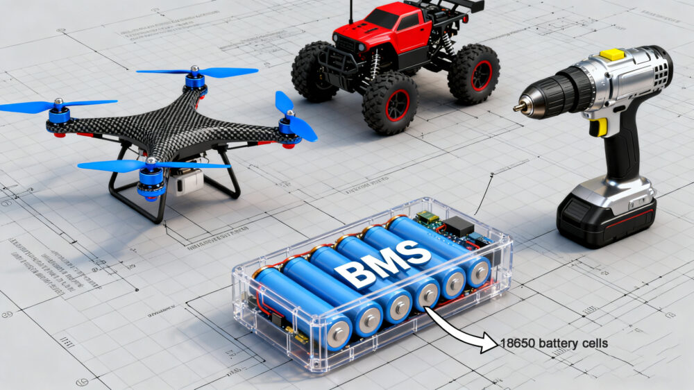 drone, RC car, and cordless drill with 18650 battery pack