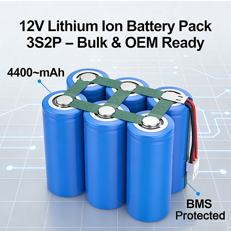 12V 4400 mAh lithium ion 3S2P battery packs with ndustrial grade 18650 cells with built-in BMS suitable for bulk orders, OEM project